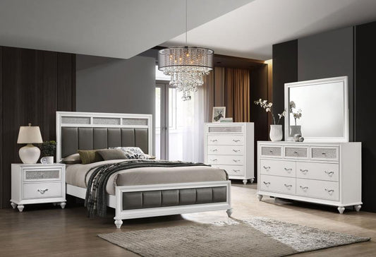 Barzini 4-piece  Bedroom Set White ,BED FRAME,DRESSER,MIRROR,NIGHTSTAND (Mattress and chest not Included)