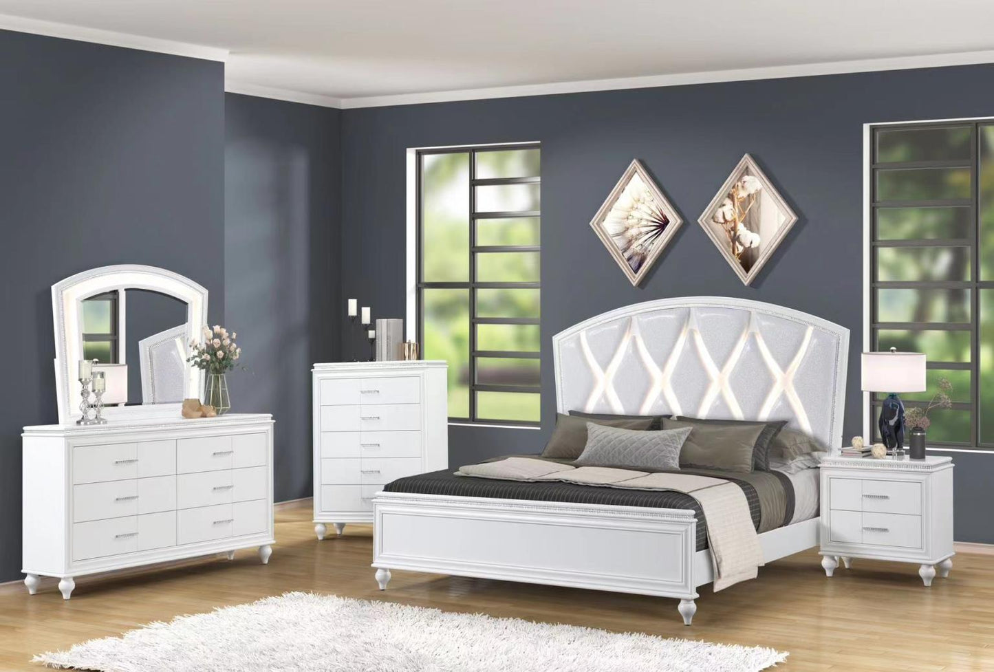 B520-BEDROOM SET  4 PC WHITE - bed frame, dresser, mirror , nightstand (mattress and chest not included)