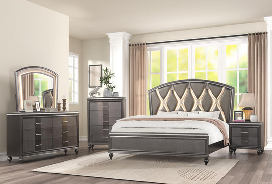 B525-Sally Bedroom Set 4-PC UPH Bed w/led Lights -BED FRAME,DRESSER,MIRROR,NIGHTSTAND (mattress and chest not included)