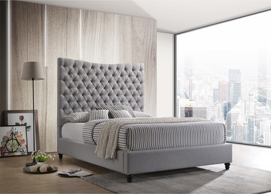 M7556-QUEEN GRAY Queen Fabric Tufted Platform Bed w/ Turned Legs (mattress not included)